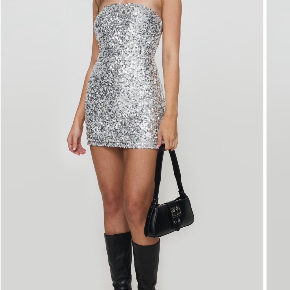Silver Sequin Strapless Mini Dress